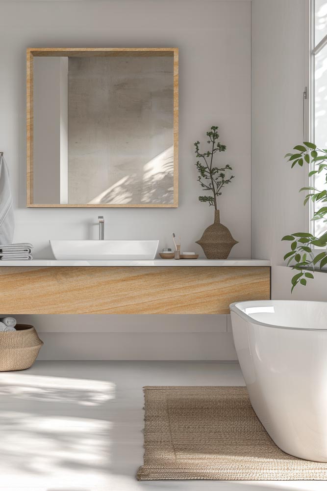 Modern minimalist bathroom with white bathtub and indoor plant